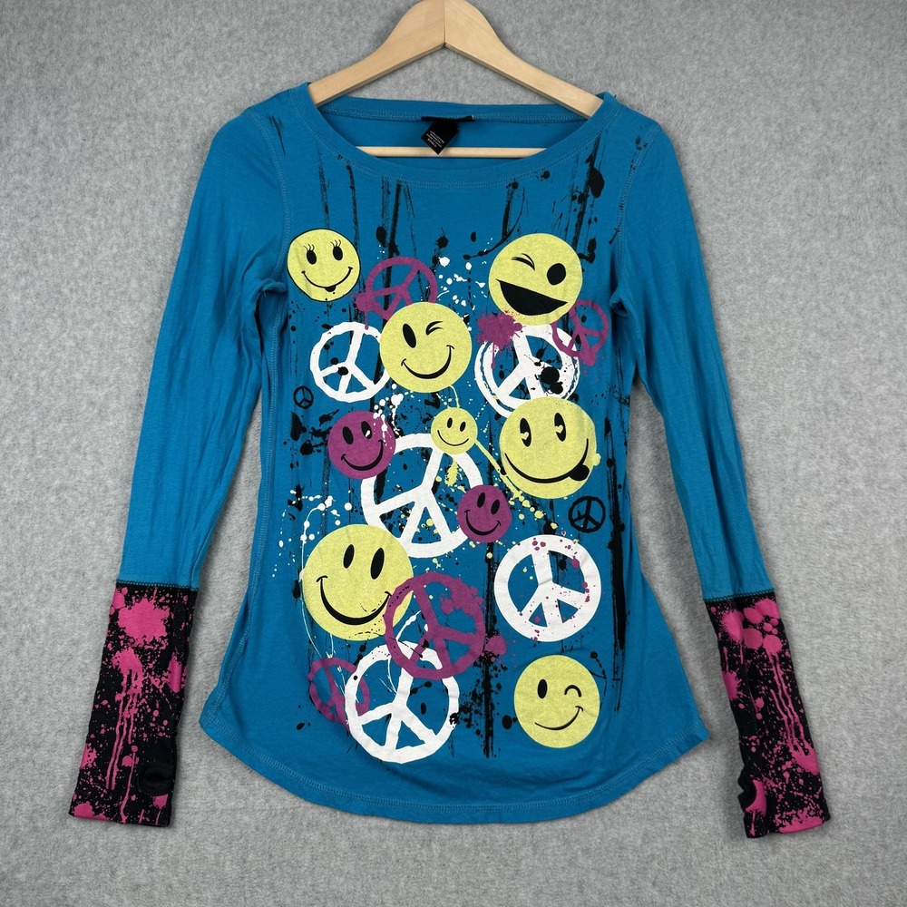 VTG Self Esteem T Shirt Womens Small Blue Y2K Smiley Face Peace Sign Long Sleeve